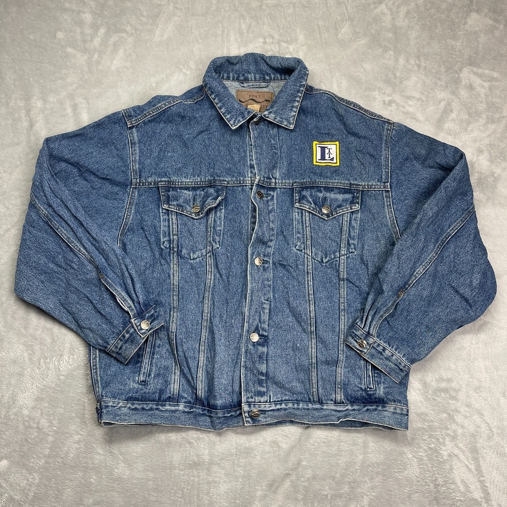 Port Authority Denim‎ Jacket Mens XL Blue LTT Patch Logo Collared Button Front